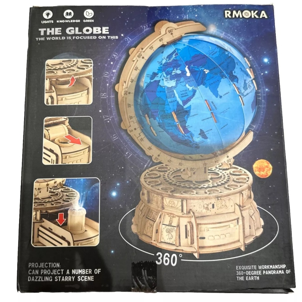 RMOKA 3D Wooden Puzzles new inbox Illuminated Globe W/ Stand 188pcs 3D Puzzle